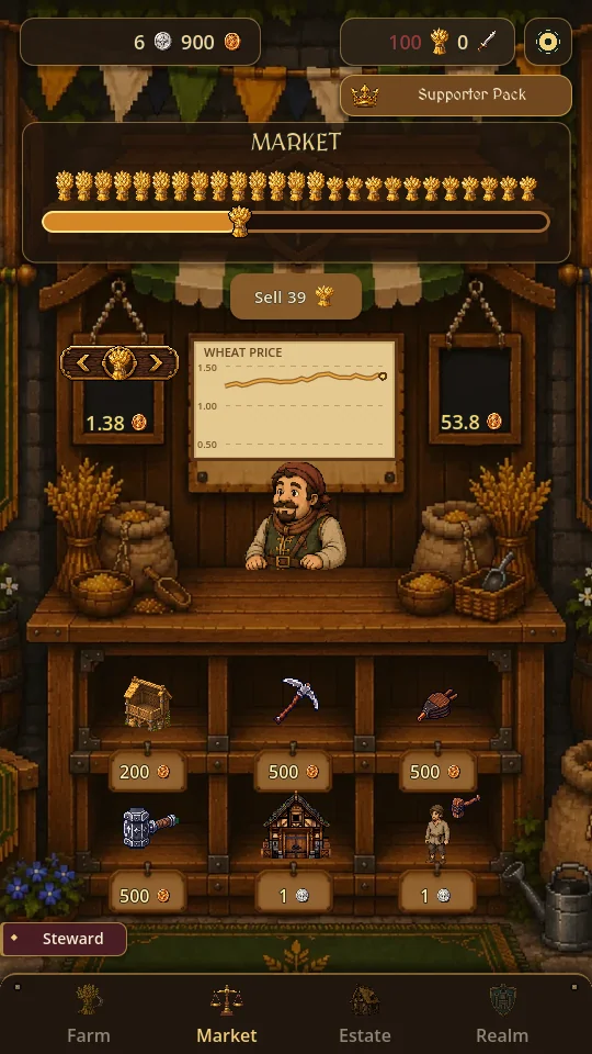 Sell grain at changing market prices and invest in upgrades.