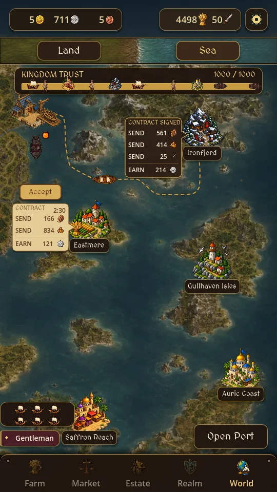 Trade with distant kingdoms through your Port and fleet.