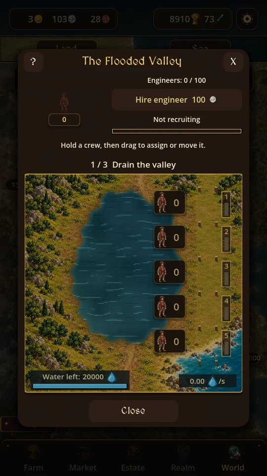 Recruit engineers and restore a flooded valley along the Knight's journey.